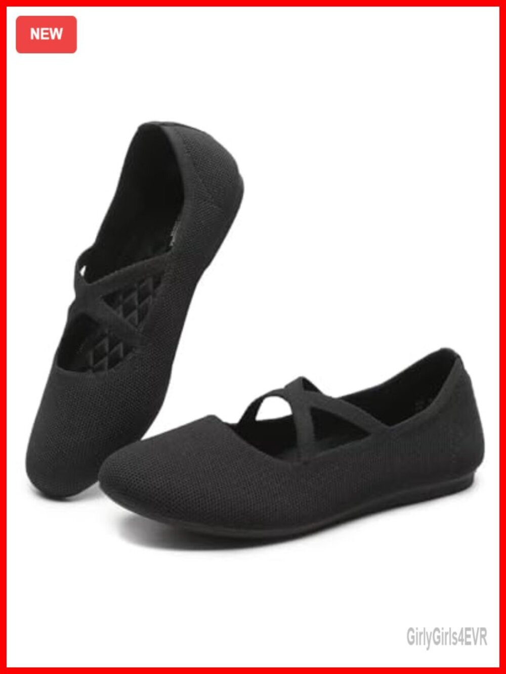 Women's Knit Mary Jane Ballet Flats Cross Straps Non-Slip Lightweight